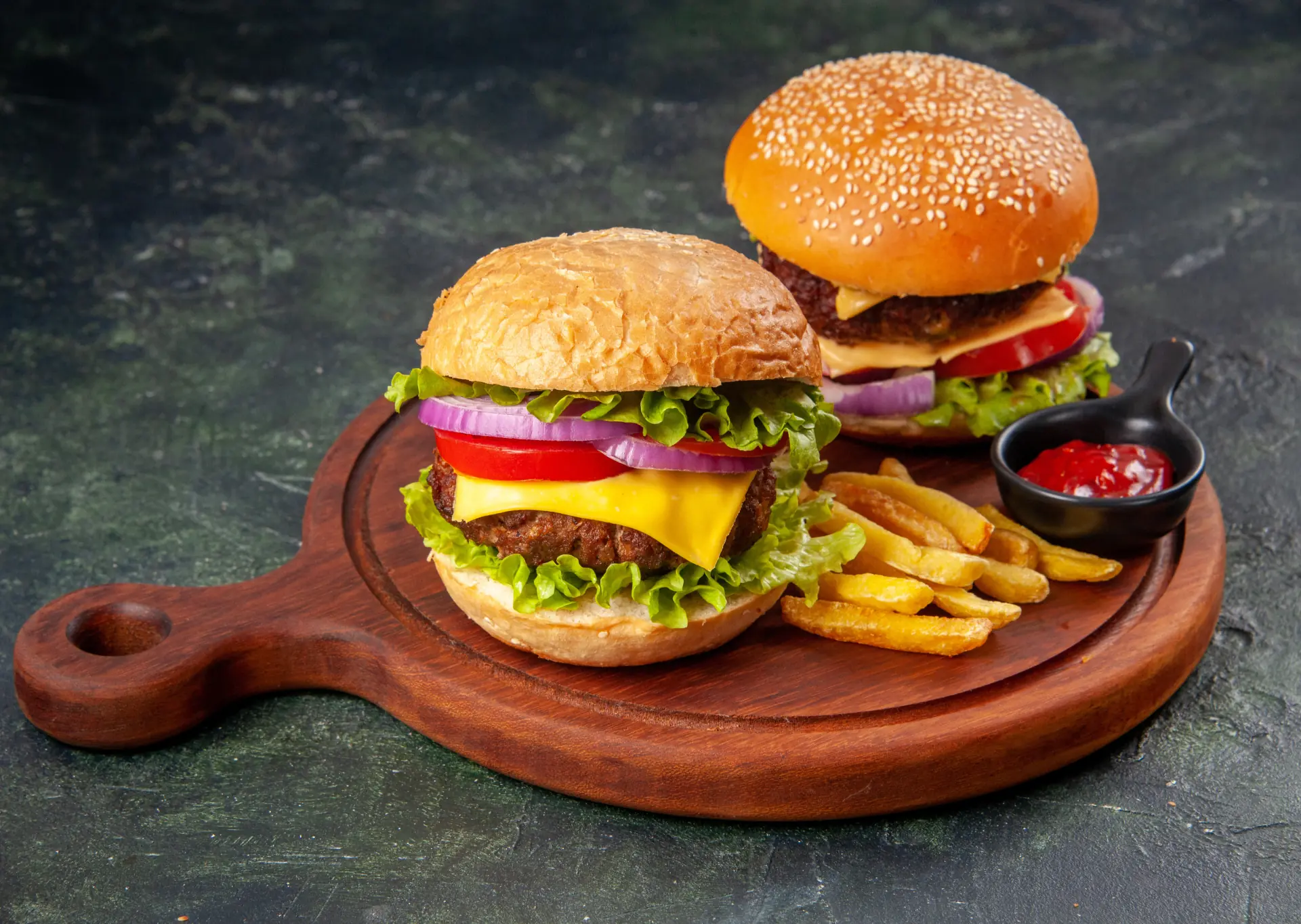 Delicious burger with fries